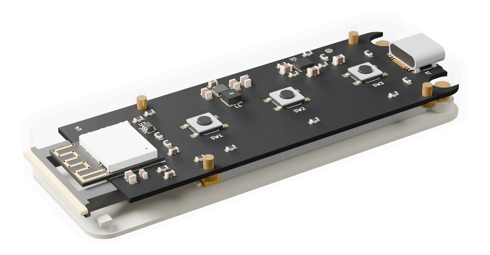 The real assembled PCB and battery visible through a shader-only transparent shell